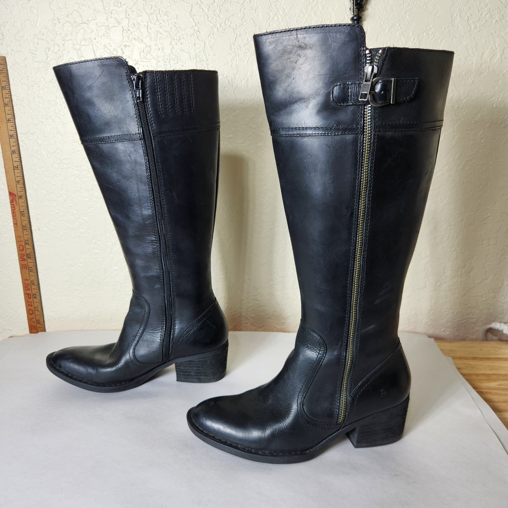 Born Uchee Black Leather Wide Calf Knee High Riding Boots F32700 Size 7M-WC